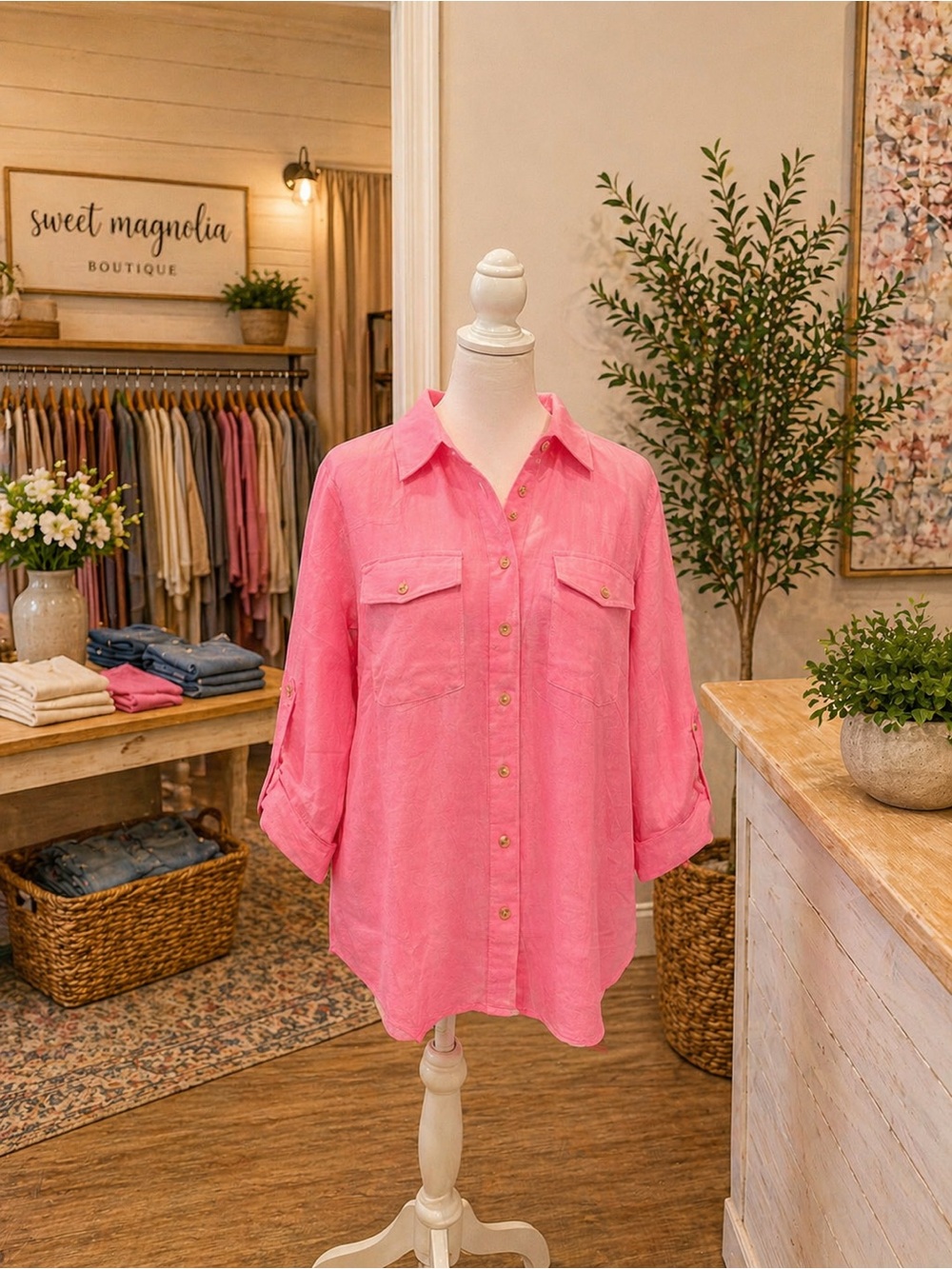 White Birch Neon Pink Button Up Blouse Oversized Roll Tab Top XL